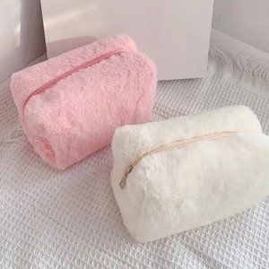 Fuzzy Cosmetic Bag Makeup Travel Organize Clutch Toiletry Pink or White Weekend